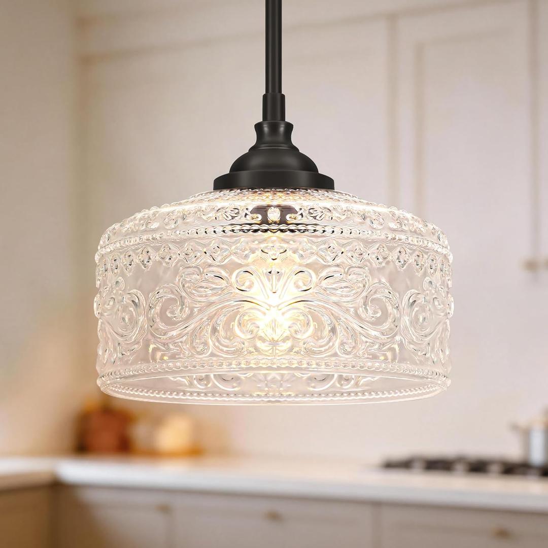 Black Vintage Pendant Lights Kitchen Island, Adjustable Height Kitchen Island Lighting, Bathroom Pendant Light with Clear Glass Shade- Dual Mount Ceiling & Hanging Fixtures with 90 Swivel for Decor