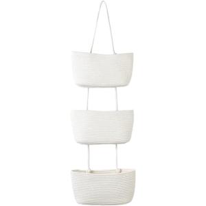 Hanging Storage Pouch, Wall Over The Door Storage Organiser, Utility Hanging Organiser Rope Fabric Storage Solution with 3 Pockets and for Bedroom, Bathroom(White) (14.49*7.48inch)