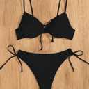 SweatyRocks Women's Ribbed High Cut Bikini Set Bow Tie Side String 2 Piece Swimsuit Bathing Suit (Small, Black)