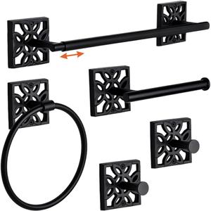Autumn Alley 5 PC Matte Black Modern Bathroom Accessories Set, Wall Mounted - Towel Rack, Hand Towel Ring, Industrial Toilet Paper Holder, and 2 Towel Robe Hook for Bathroom Hardware Set
