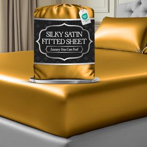 DECOLURE Satin Fitted Sheet Queen Size (1 PC) – Luxuriously Smooth & Softer Than Silk Bed Sheets w/ 15 Inch Deep Pocket Hypoallergenic Wrinkle Free, Secure Snug Fit, Elastic Corner Straps (Gold)