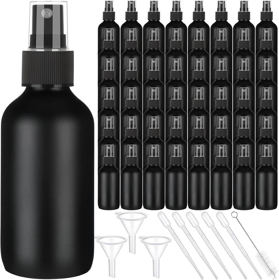 Yungyan 100 Pcs 4 oz Mini Glass Spray Bottles Empty Small Essential Oil Bottles Fine Mist with 3 Funnel 5 Dropper Cleaning Brush for Hair Travel Plants Perfumes(Black)