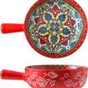 Bohemian Ceramic Soup Bowl with Handle 23oz Spaghetti Bowl, 8.66" Length Wide and Shallow for Soup, Colorful Floral Interior Microwave & Dishwasher Safe Pasta Salad Dish Red