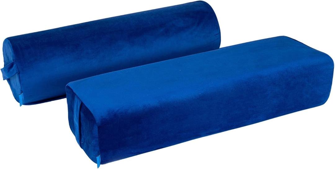 2-Pack Yoga Bolster Pillow Set: Rectangular & Cylinder Pillows for Meditation and Support, Yoga Pillows with Washable Velvet Cover, Triple-Layer Sponge with Carry Handle, Blue