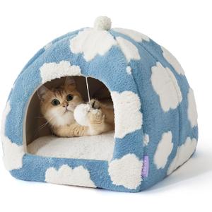 Lesure Cute Cat Beds for Indoor Cats - 2 in 1 Cat Cave Bed for Kittens and Small Pets with Removable Washable Cushioned Pillow, Cozy Kitten Tent with Non-Slip Bottom, Blue, 16 inches