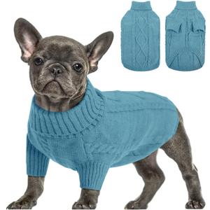 Queenmore Small Dog Pullover Sweater, Cold Weather Cable Knitwear, Classic Turtleneck Thick Warm Clothes for Chihuahua, Bulldog, Dachshund, Pug (Peacock Blue, Large)