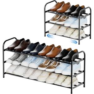 3-Tier Expandable Shoe Rack, Adjustable Width Shoe Organizer for Closet & Entryway, Extendable Metal Shoe Rack for Inside Closet, Space-Saving Shoe Storage Shelf Stand  Black