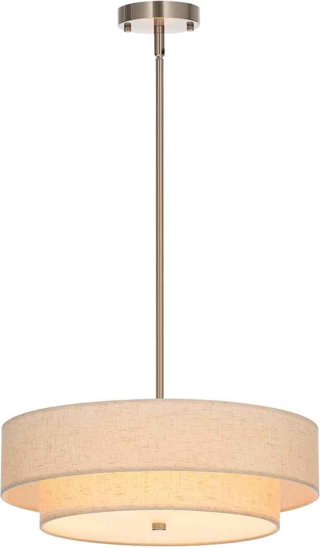 VONLUCE Modern Chandeliers, 18" Drum Chandeliers with 2-Layer Fabric Shade, 4-Light Pendant Light Fixture with E26 Base, Light Fixture for Dining Room Bedroom Living Room, Linen Shade & Nickel Finish