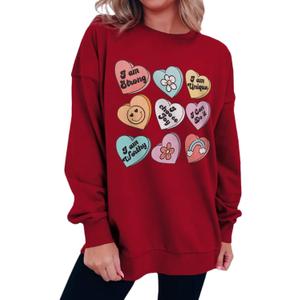 IZYJOY Women Valentine's Day Sweatshirt Teacher Positive Affirmations Heart Pullover Top Candy Hearts Graphic Crewneck Shirts (Red, M)