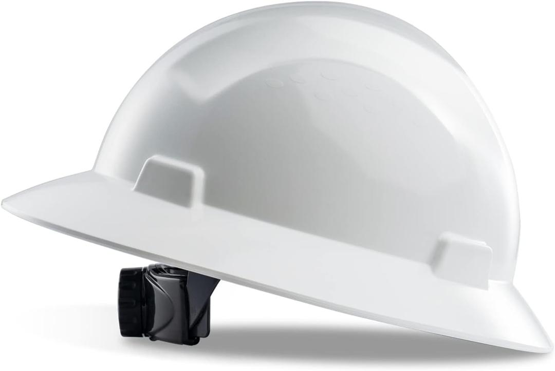 PACIFIC PPE Full Brim Hard Hat, OSHA Construction Safety Helmet Certified to ANSI Z89, 4 Point Adjustable Ratchet Suspension, Class E, G & C, White