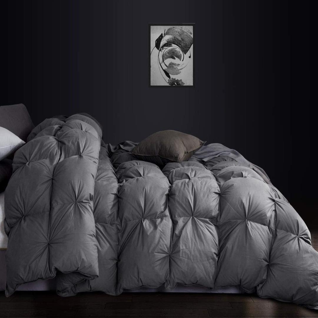 Luxurious All-Season Goose Down Feather Fiber Comforter Queen Size Duvet Insert, Exquisite Pinch Pleat Ruffled Twisted Flower, Premium Baffle Box, 100% Egyptian Cotton Cover, 60 oz. Fill Weight, Gray