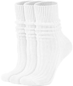 AugRing Women's Neon Scrunch Crew Socks 80s 90s Retro 3-Pack Cotton Stacked Boot Calf Cozy Ribbed Slouchy Socks Size 5-11 (3 Paris White)