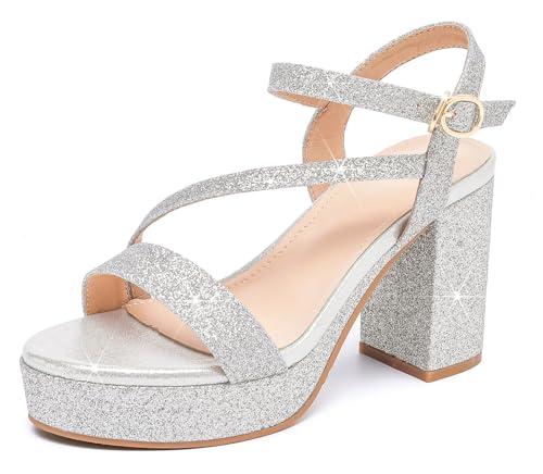 Dadawen Platform Heels for Women High Block Chunky Open Toe Ankle Strap Heeled Sandals Wedding Party Evening Prom Dance Dress Pump Sandals Shoes Silver EU Size 41