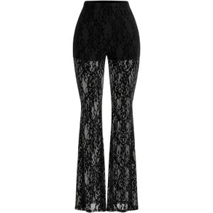 GORGLITTER Women's Floral Lace Mesh Skinny Bell Pants Bottom Flare Leg Elastic High Waist Sheer Trousers (X-Large, Black)