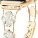 CTYBB Bling Diamond Band Compatible with Apple Watch Bands for Women 42mm 44mm 45mm 46mm Series 11 10 9 8 7 6 5 4 SE 3 2 1, Sparkle Metal Bracelet Wristband, Cute Lucky Clover Dressy iWatch Band,Gold/White