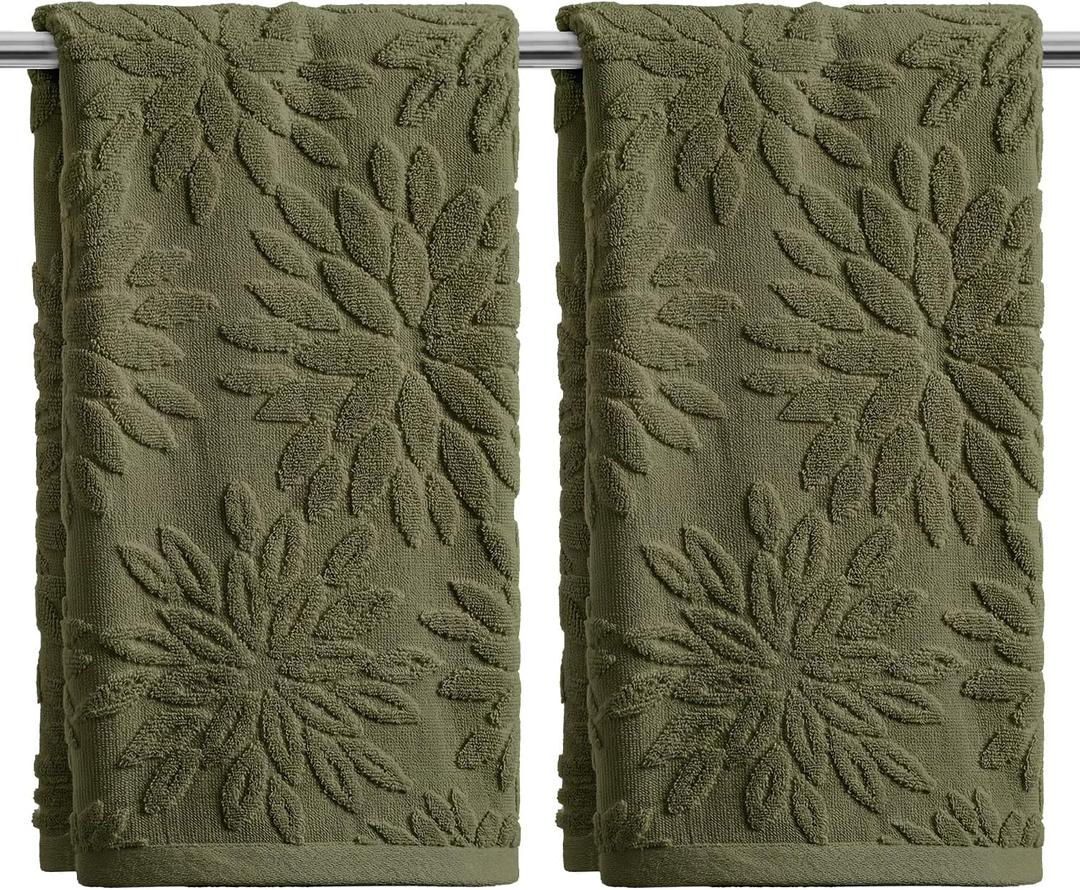 Artoid Mode 2 Pcs Olive Green 3D Dahlia Floral Jacquard Hand Towels for Bathroom, Cotton Soft Absorbent Bathroom Decor Towels, 13.7 x 29.5 Inch