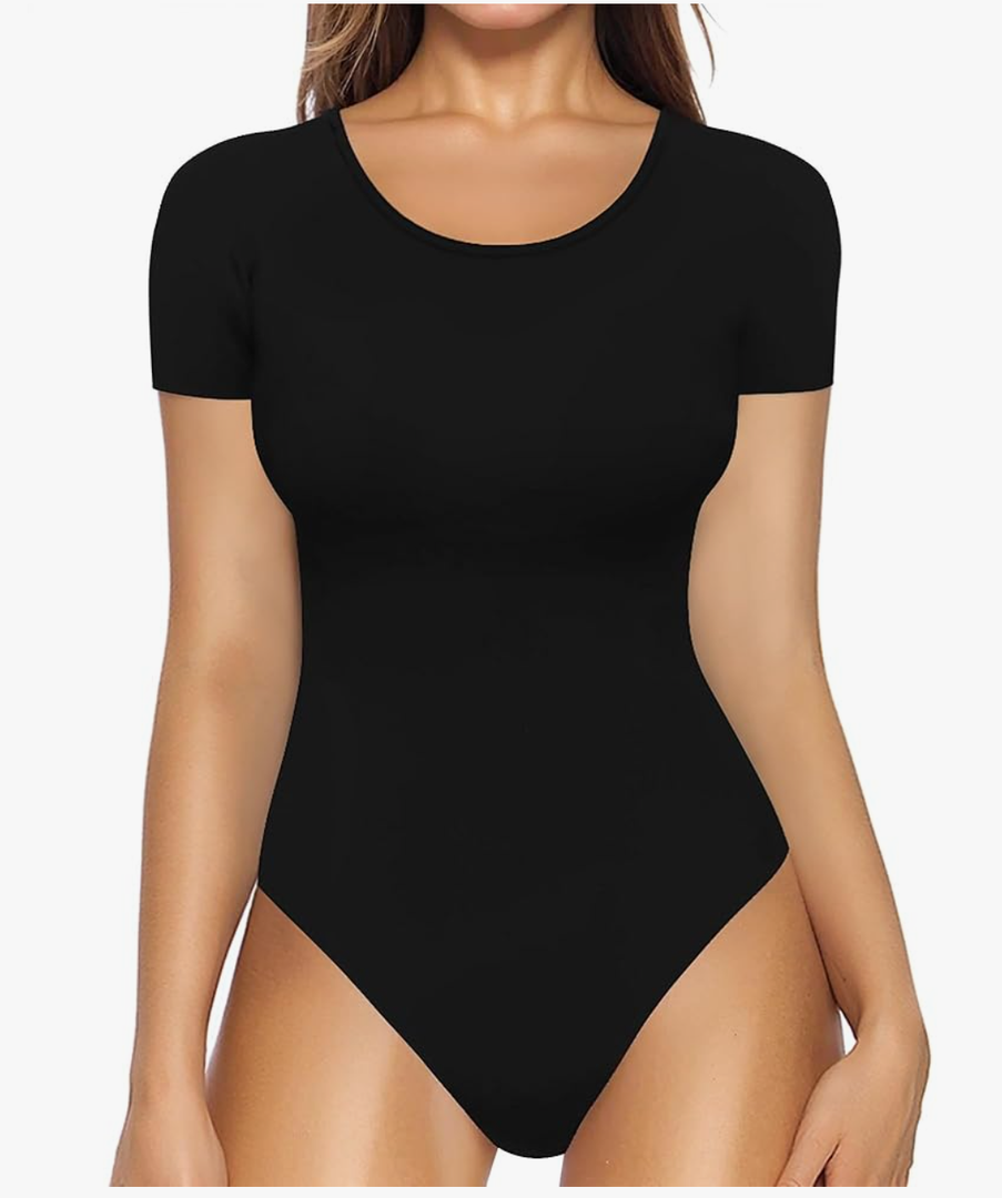 MANGOPOP Round Neck Short Sleeve Long Sleeve Bodysuits for Women Basic Body Suit Shirts Tops L