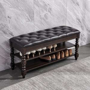 Shoe Storage Bench with Cushion, Entry Bench with Storage Solid Wood Shoe Bench Ideal for Entryway Living Room and Corridor (Walnut 39.4'')