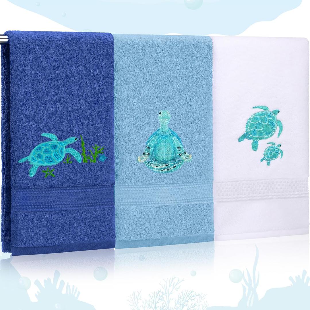 3 Pcs Sea Turtle Hand Towels for Bathroom Sea Turtle Bathroom Decor Gifts 100% Cotton Embroidered Coastal Beach Hand Towels 27.6 x 15.7 Inch Soft Absorbent (Light Blue, Blue, White)