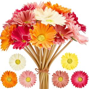 WILLBOND 12 Pcs Artificial Gerbera Daisies Flowers 15 in Pink and Orange Fake Daisy Bouquet with Flexible Stems Boho Faux Wildflower for Wedding Bridal Groovy Party Home Kitchen Decor, 6 Colors