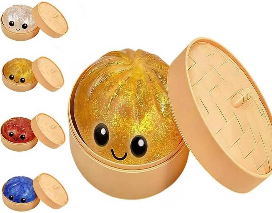 Glitter Dumpling Squishy, 2026 New Bun Squeeze Stress Relief Ball with Steamer Box for Stress Relief, More Surprises (Yellow)