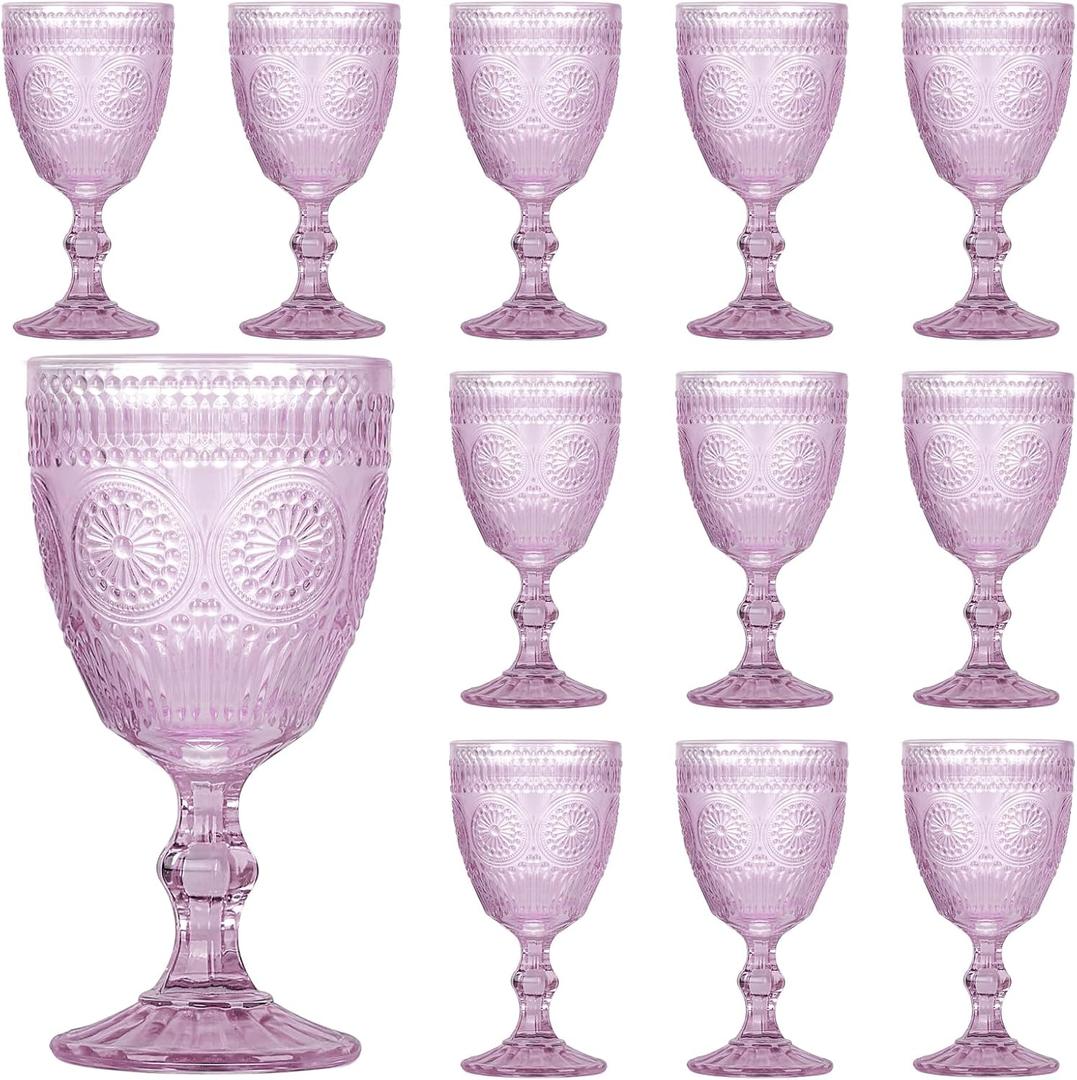 Vintage Glasses Set of 12, 10 oz Glass Goblets Glassware, Romantic Wedding Glass Set, Drinking Stemware Beverage Cups for Wedding Party Bar, Embossed Design, Purple