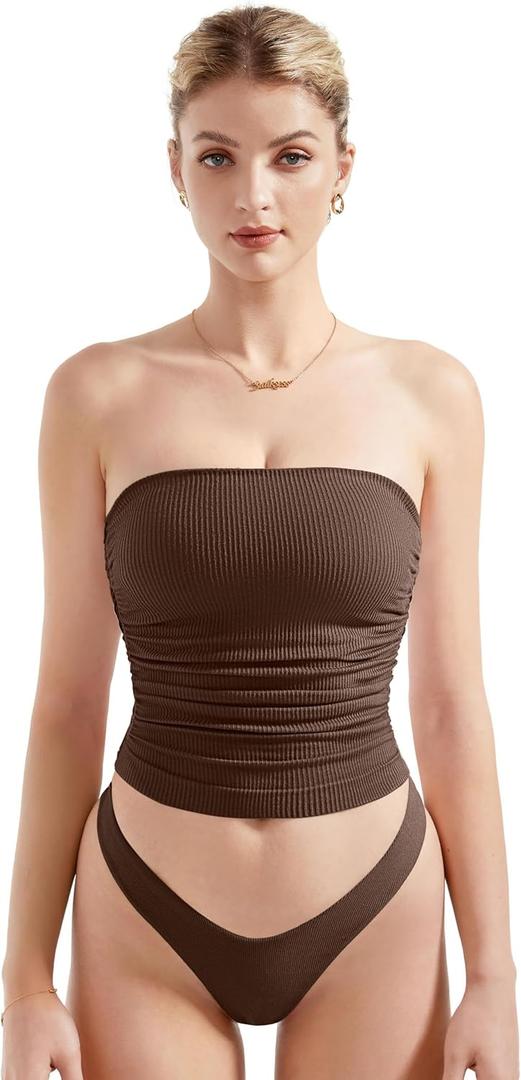 SUUKSESS Women Ribbed Going Out Trendy Tops Ruched Sexy Strapless Tube Tops (Small, 03 Brown)