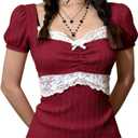 Women Short Sleeve Y2k Grunge Tops Summer Lace Patchwork Coquette Shirt Ribbed Knit Slim Fit Aesthetic Clothes (Red, M)
