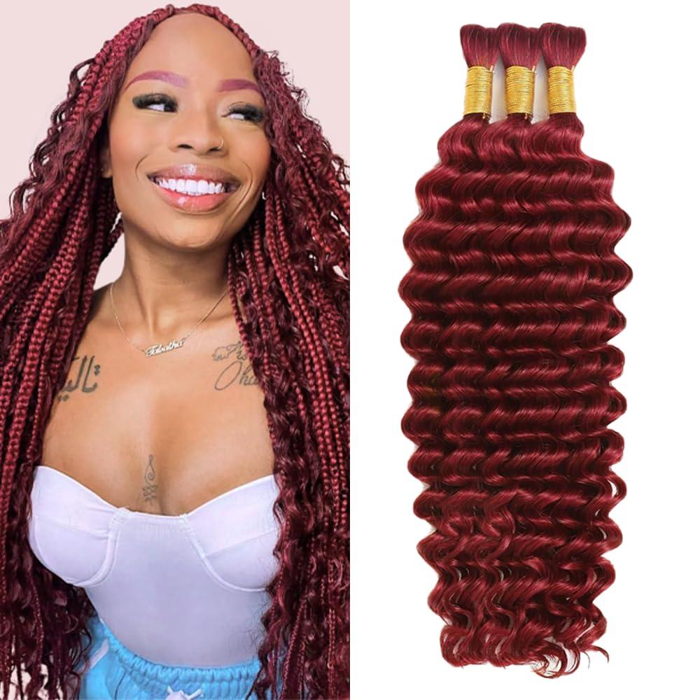 99J Human Braiding Hair for Boho Braids 150g 24 inch Burgundy Curly Boho Hair for Braiding Knotless 10A Deep Wave Bulk Bohemian 3 Bundles