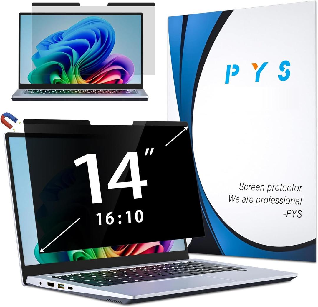 PYS 14 Inch 16:10 Magnetic Laptop Privacy Screen, Anti-Glare Blue Light Filter, Removable Privacy Shield for Lenovo, HP, Dell