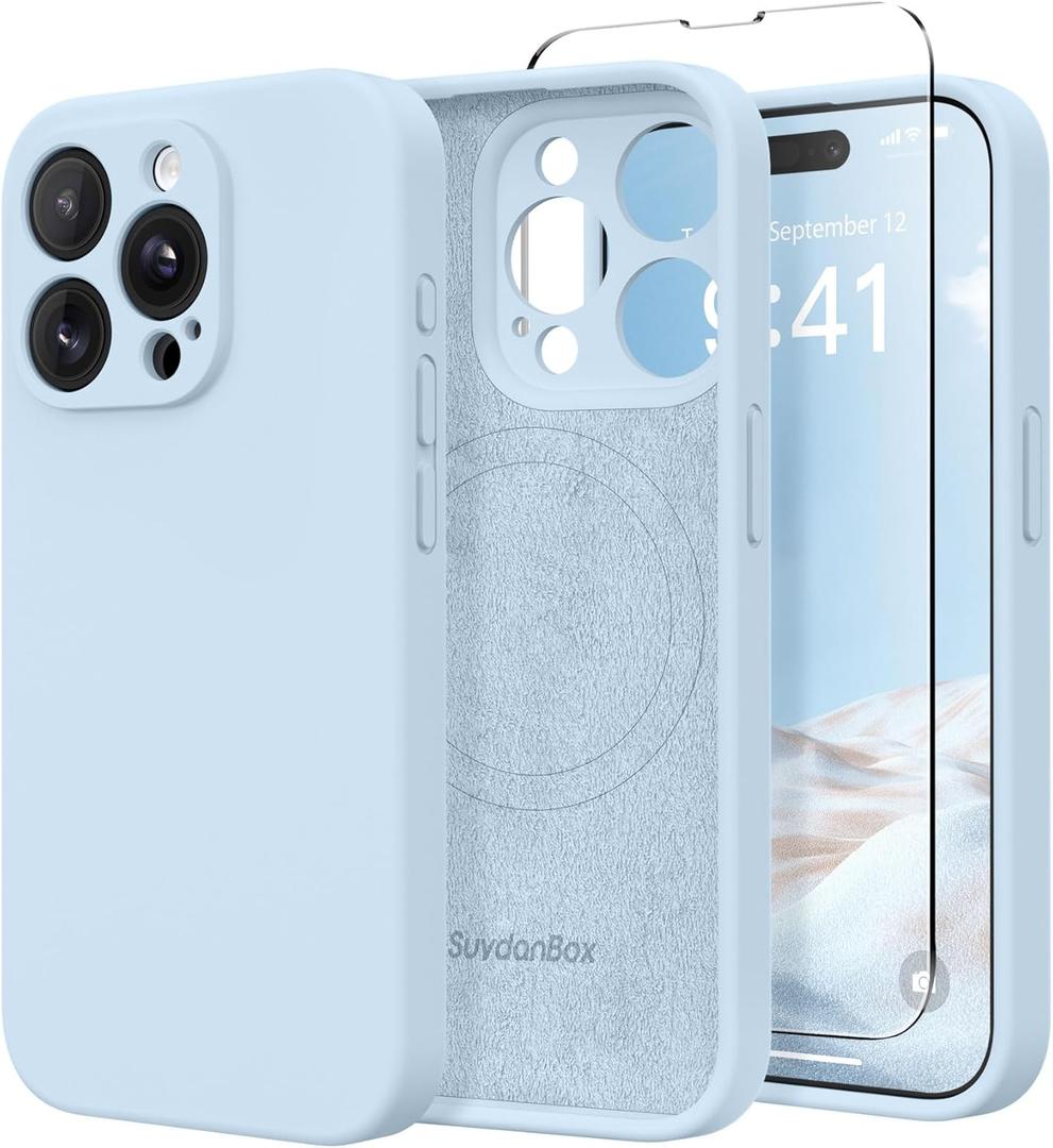 Magnetic for iPhone 15 Pro Max Case, Compatible with MagSafe, [Full Camera Protection][Screen Protector] Silicone Shockproof Protective Phone Case for iPhone 15 Pro Max 6.7", Light Blue