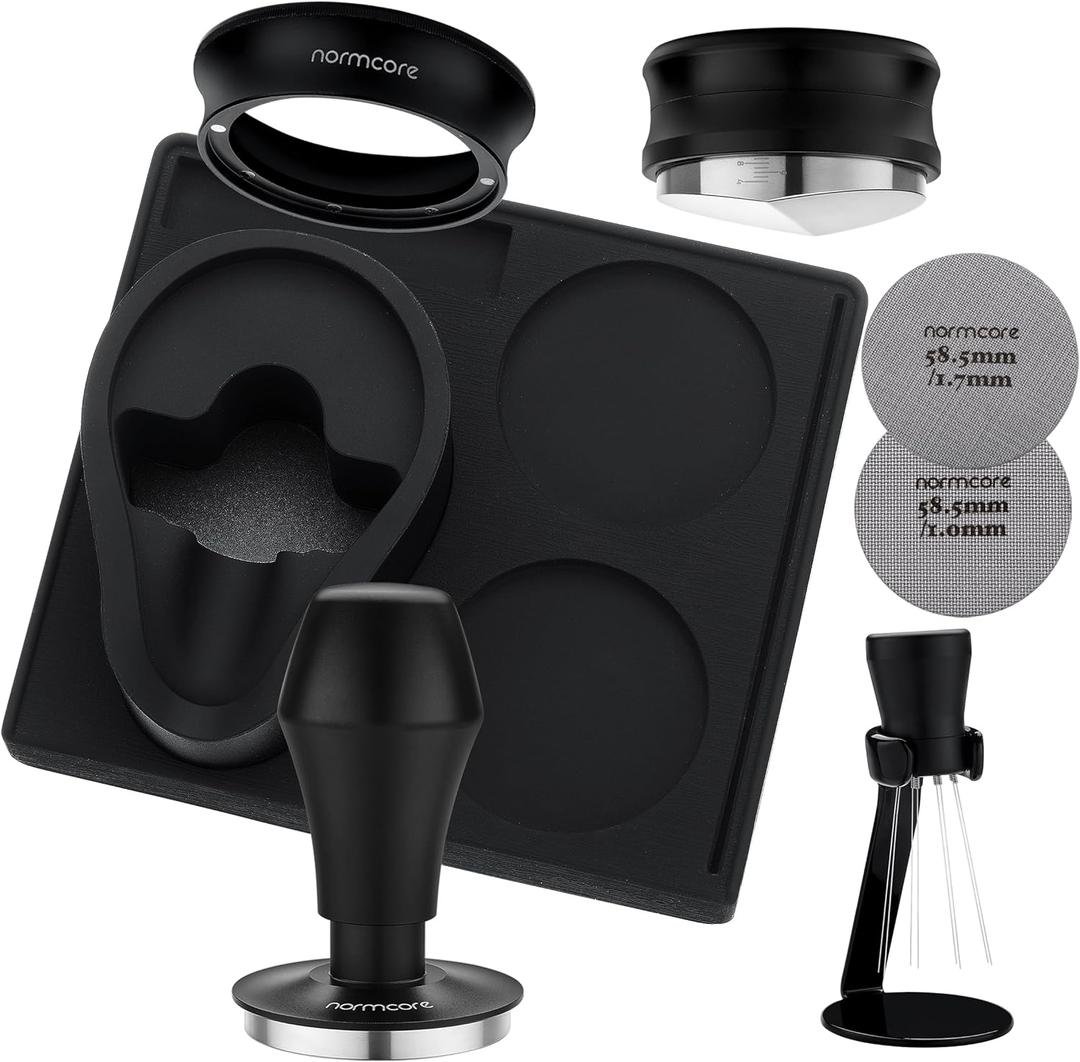 Normcore 58.5mm 7-in-1 Barista Kit: Coffee Tamper, Distributor Tool, WDT with Stand, Dosing funnel, Puck Screen Set, Compact Tamping Mat, Portafilter Stand, Barista Essentials Kit for 58mm baskets
