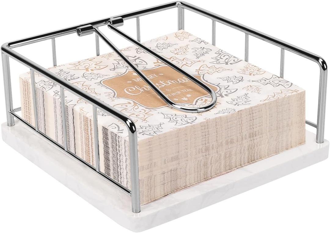 Livabber Flat Napkin Holder, Metal Kitchen Napkin Storage with Weighted Tension Arm Rustic Tissue Paper Dispenser for Countertop, Table Kitchen, Dining Room (With Marble Base, Chrome)