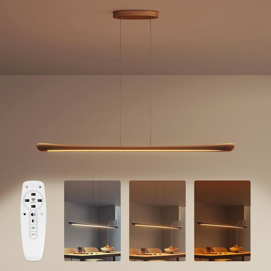 42" Wood Linear Pendant Light Kitchen Island Dimmable Dining Room Light Fixture with RemoteAdjustable Kitchen Island Chandelier 30W for Dining Room Bar Pool Table Light Walnut Color