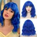 CLIONE Dark Blue Wigs for Women Cosplay Wig Short Wavy Bob Wigs Women Girl's Synthetic Wig Blue Wig with Bangs Shoulder Length Natural Wavy Colored Wigs For Daily Party Use Halloween Costume Wigs 14
