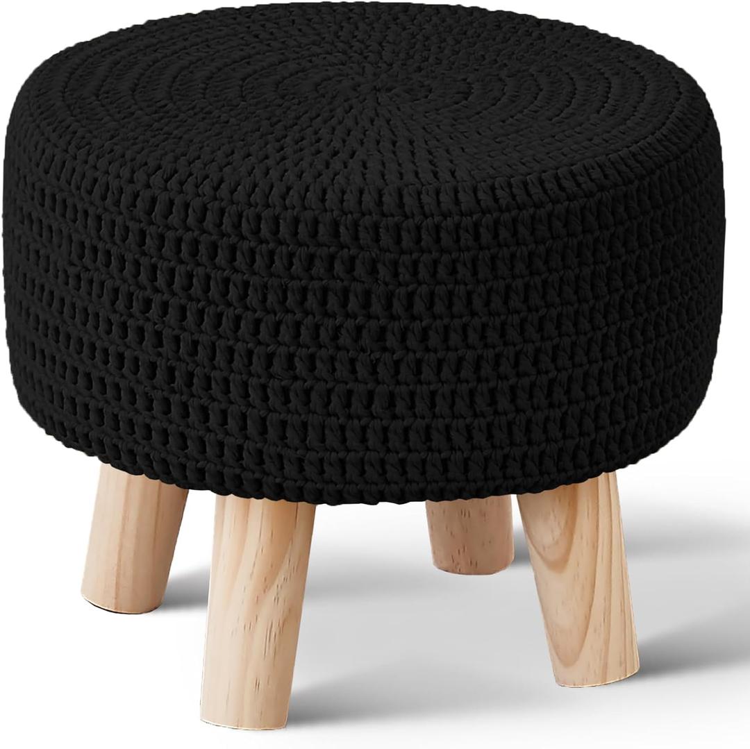 Wimarsbon Small Ottomans, 100% Hand Knitted Pouf Ottoman, Round Footrest with 4 Non-Skid Wood Legs, Boho Dcor Cotton Rope Pouffe, Leisure Floor Step Chair for Living Room (Black)