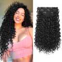 Clip in Hair Extensions, FLUFYMOOZ 4PC 100 Pure Protein Silk Hair Extensions Long Soft Natural Hairpiece 16 Inch Curly Hair Extension for Women (Black)