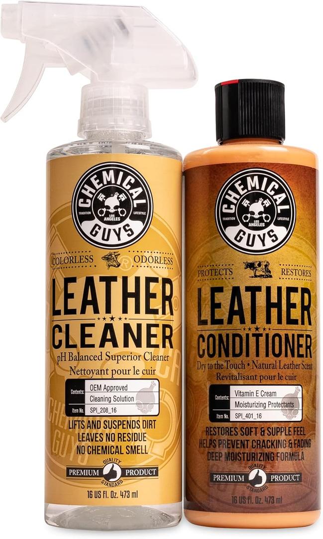 Chemical Guys Leather Cleaner and Conditioner Kit - Car Cleaner and Conditioner, Safely Cleans & Conditions Leather Car Interiors, Furniture, Shoes, Boots, Bags, Apparel & More, 2 Bottles (16 oz Each)
