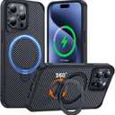 FlyReal Designed for iPhone 15 Pro Case with 360 Magnetic Stand, Carbon Fiber Phone Case [Compatible with Magsafe] [16FT Military Protection] with Rotatable Ring Stand 6.1'', Black