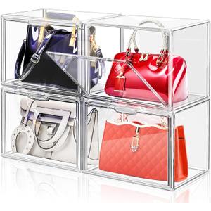 DILIBRA Set of 4 Plastic Purse Storage Organizer for Closet, Acrylic Display Case for Purse and Handbag, Stackable Storage Boxes Organizer with Magnetic Door for Clutch Wallet Book Toys