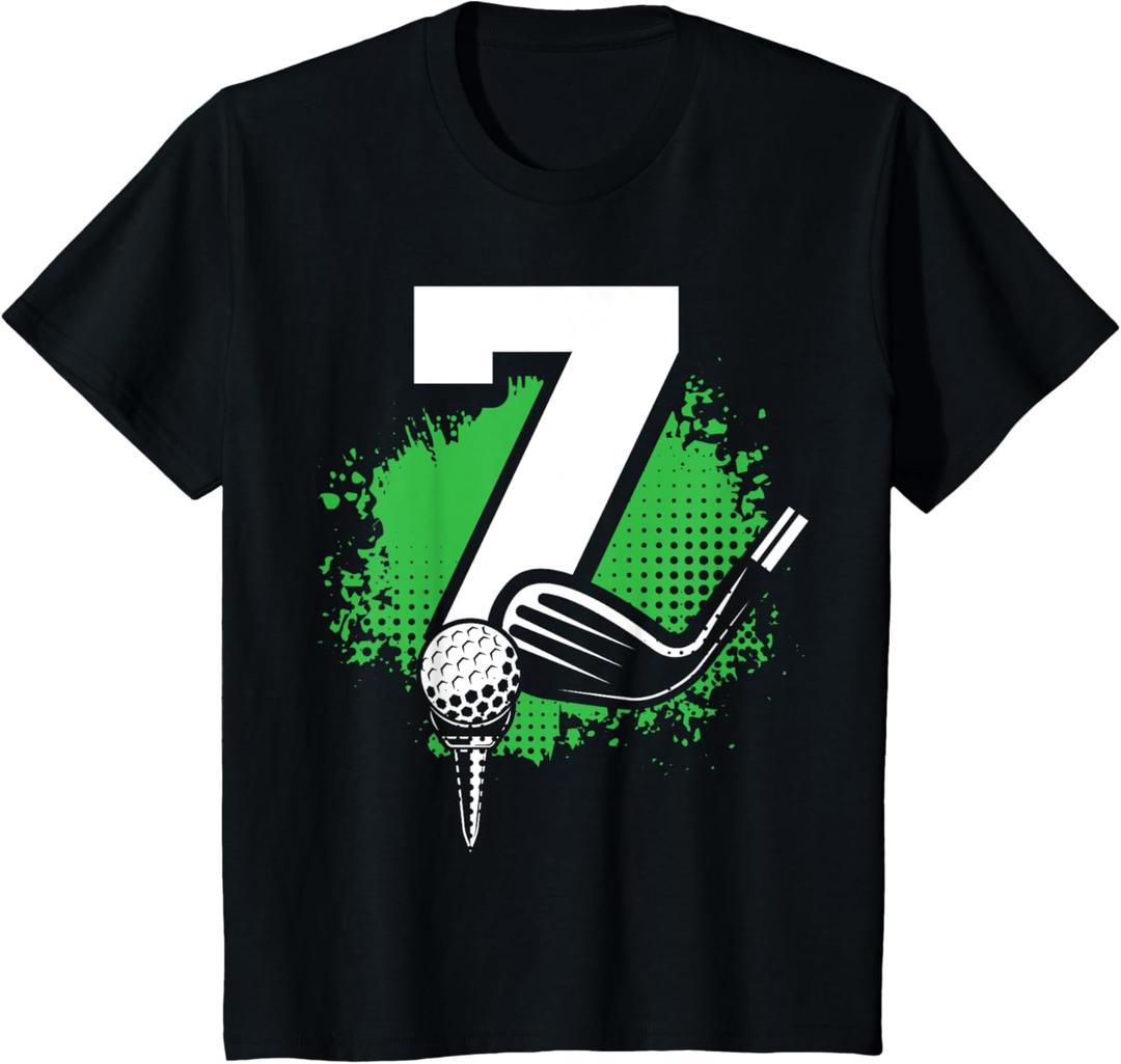 Kids 7th Birthday Boy Golf Player Golf 7 Years Old T-Shirt (Black) XS