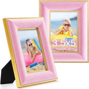 3.5x5 Velvet Picture Frame, Pink Photo Frames with Modern Simple Metallic Gold Border, HD Real Glass Horizontal & Vertical Display for Tabletop and Wall Collage Decor (2 Pack)