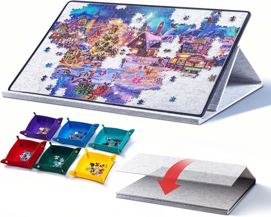 1000 Pieces Portable Jigsaw Puzzle Board with 6 Colored Sorting Trays, Tilting Puzzle Boards with 2-in-1 Stand & Cover, Lightweight Felt Jigsaw Table with Angle Adjustments - Light Gray