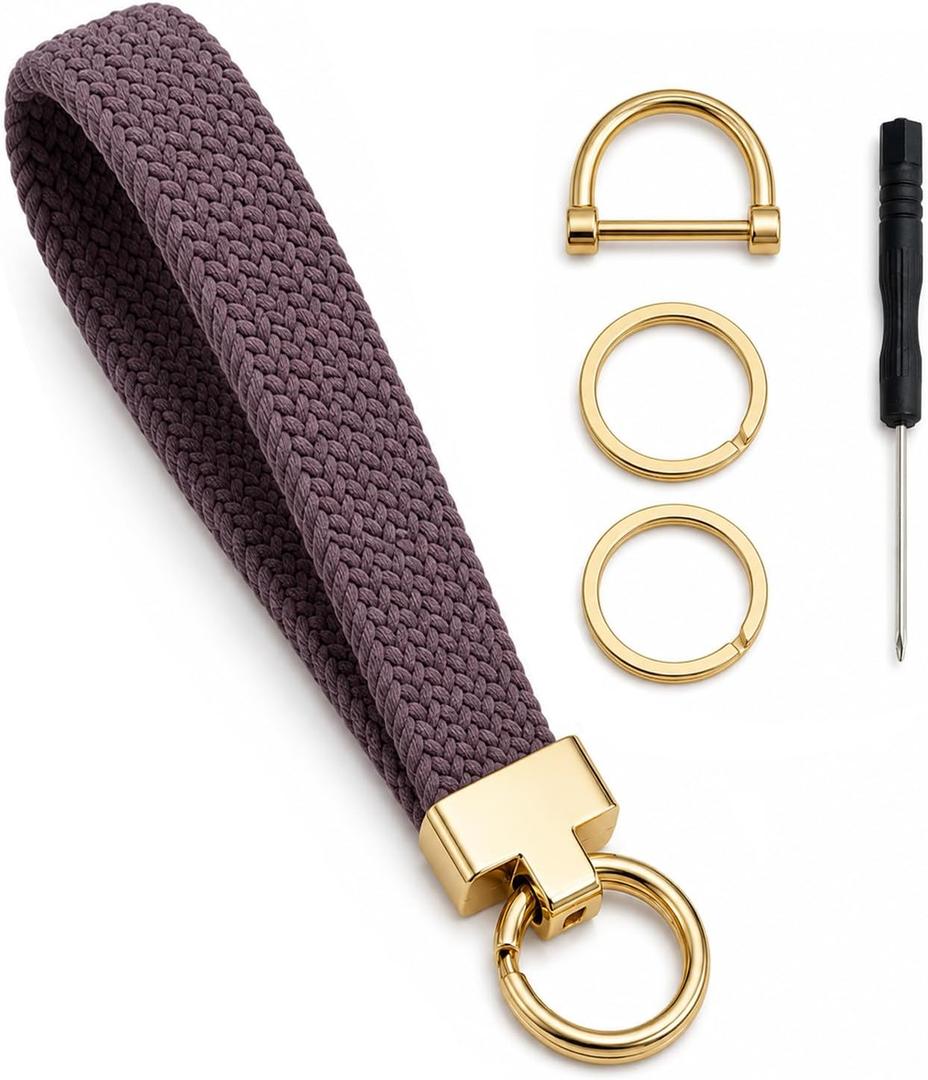 2 x Woven Stretchy Wristlet Keychain for Women Men – Elastic Wrist Lanyard for Keys with 2 Keyrings & D-Ring, Soft Hands-Free Key Holder for Car Keys, Gym, ID Badge, Phone Purple