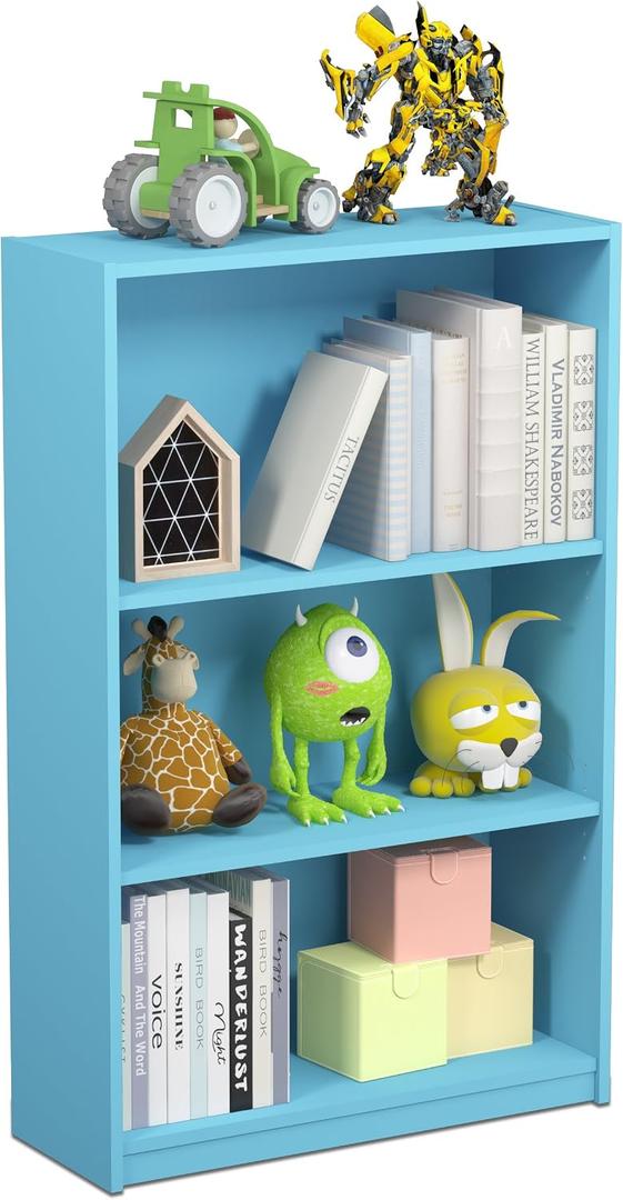 Furinno JAYA Book Shelf, 3-Tier Bookshelf, Bookcase with Adjustable Shelves, 9.5 x 24.5 x 40.3, for Organization and Storage, for Living Room, Bedroom, Home Office, Light Blue