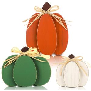 Ferraycle 3 Pcs Fall Pumpkin Decor Fall Wooden Signs 3D Pumpkin Tabletop Decor Farmhouse Sign Rustic Tiered Tray Decorations Block Centerpieces Standing Sign for Home Kitchen Harvest(Colorful Color)