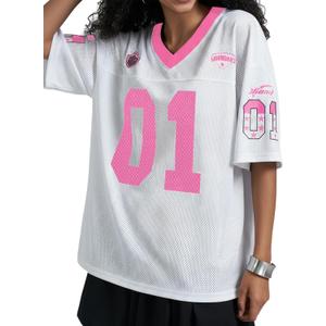Women's Number Print Mesh Oversized Jersey Shirts Striped Trim Half Sleeve Baggy Camo Graphic Tees (L)