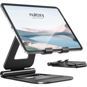 Nulaxy Aluminum Dual Foldable iPad Stand, Fully Adjustable Desktop Tablet Holder, Tablet Accessories for Office Kindle Compatible with Mobile Devices iPad Pro/Air/Mini, iPhone Pro/Max/Plus, Black