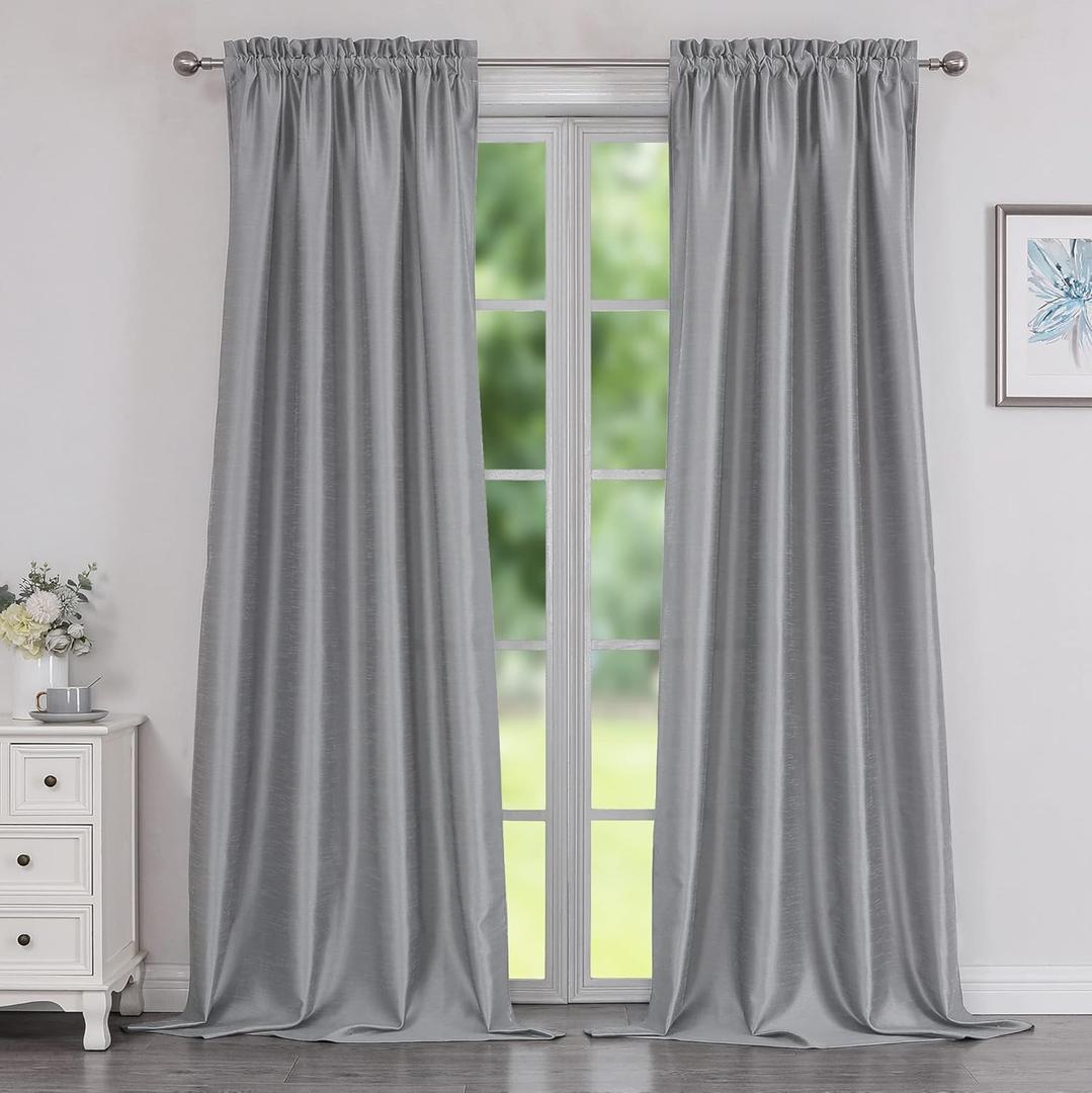 Chyhomenyc Uptown Silver Grey Faux Silk Curtains 96 Inch Length 2 Panels for Bedroom, Shiny Luxury Room Darkening Slub Textured Soft Fabric Rod Pocket Window Drapes, Each 40x96 Inches, 8 FT