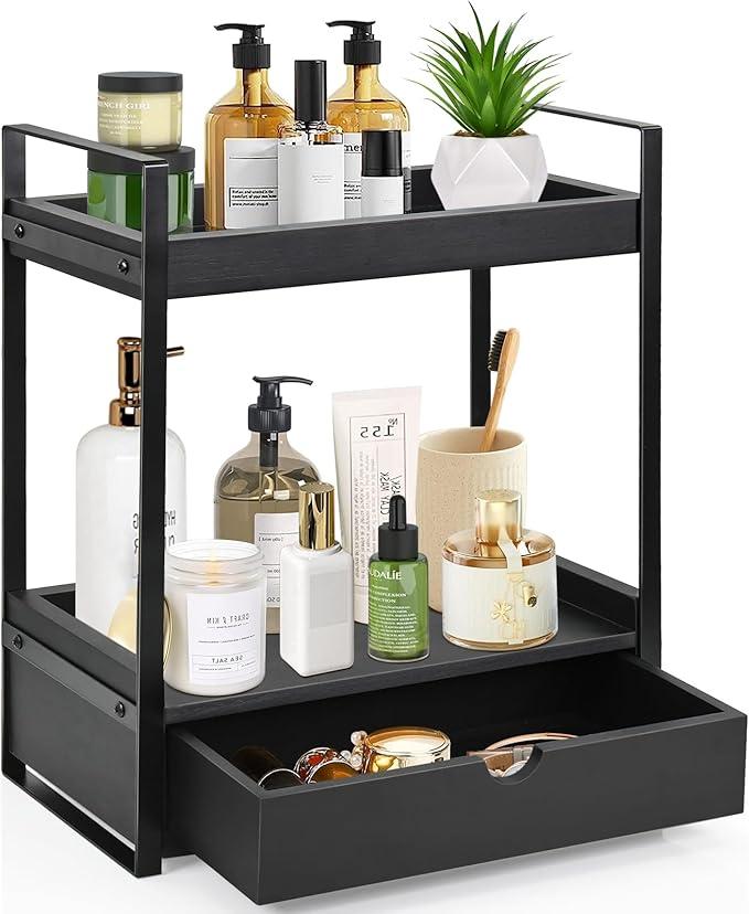 Ukonvi 2Tier Bathroom Organizer Countertop with Drawer, Wood Counter Shelf for Storage, Vanity Tray for Organization and Decor, Countertop Organizer for Bathroom, Kitchen, Office (Black)